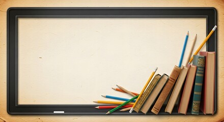 A digital tablet frame with a collection of books and pencils arranged on the side.