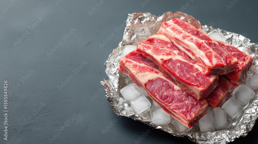 Poster flat lay of cold raw ribs on foil with ice cubes and clean composition for branding or design