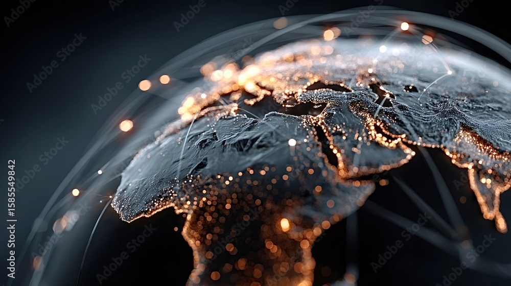 Poster luminous lines are connecting continents across planet earth, representing global communication and 