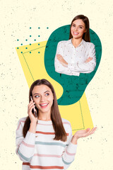 Creative trend 3D collage sketch of two young lady friends smile chatting call smartphone news...