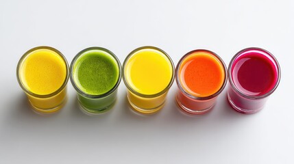 Flat lay of colored juice shots in small glasses on white background with design space