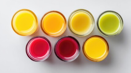 Flat lay of colored juice shots in small glasses on white background with design space