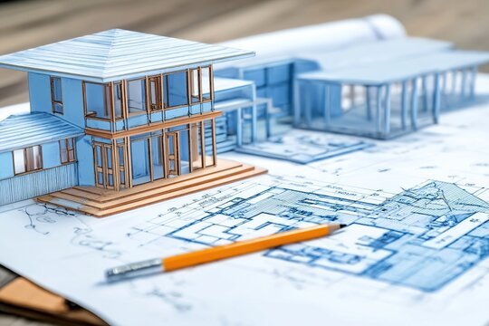 Architectural design model and blueprints illustrate a residential construction project. Ai Generative - Powered by Adobe
