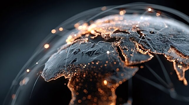 Luminous lines are connecting continents across planet earth, representing global communication and data exchange in a dark and futuristic scenario