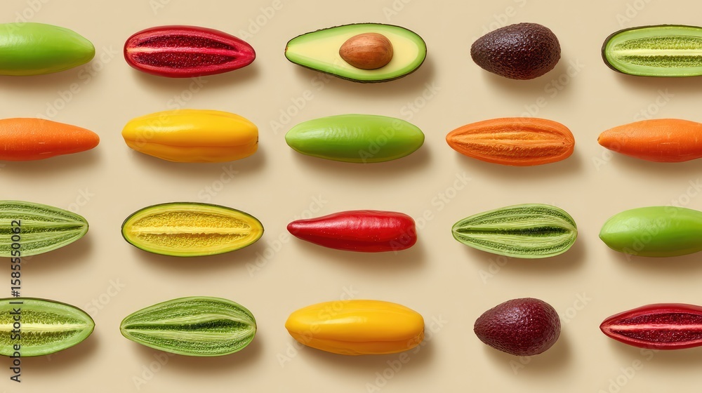 Poster flat lay of colorful vegetable slices in a grid layout on neutral background with open space