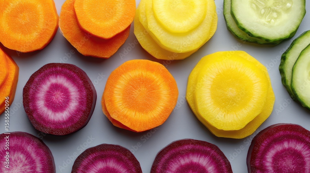 Poster flat lay of colorful vegetable slices in a grid layout on neutral background with open space