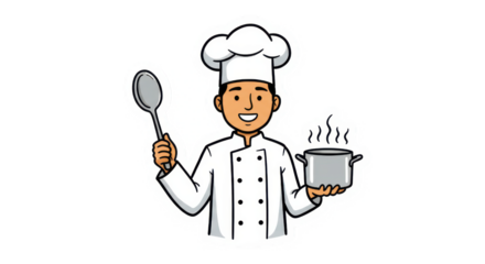 Cartoon Chef Holding Spoon and Steaming Pot Illustration
