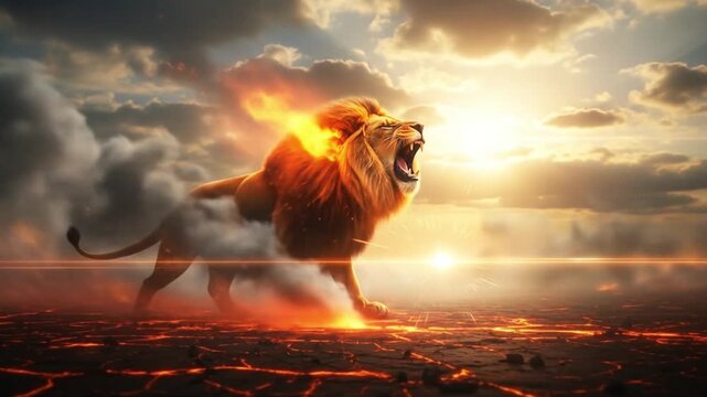 Dramatic digital artwork of a fiery lion walking across lava. Suitable for book covers, posters, and fantasy themed design projects.