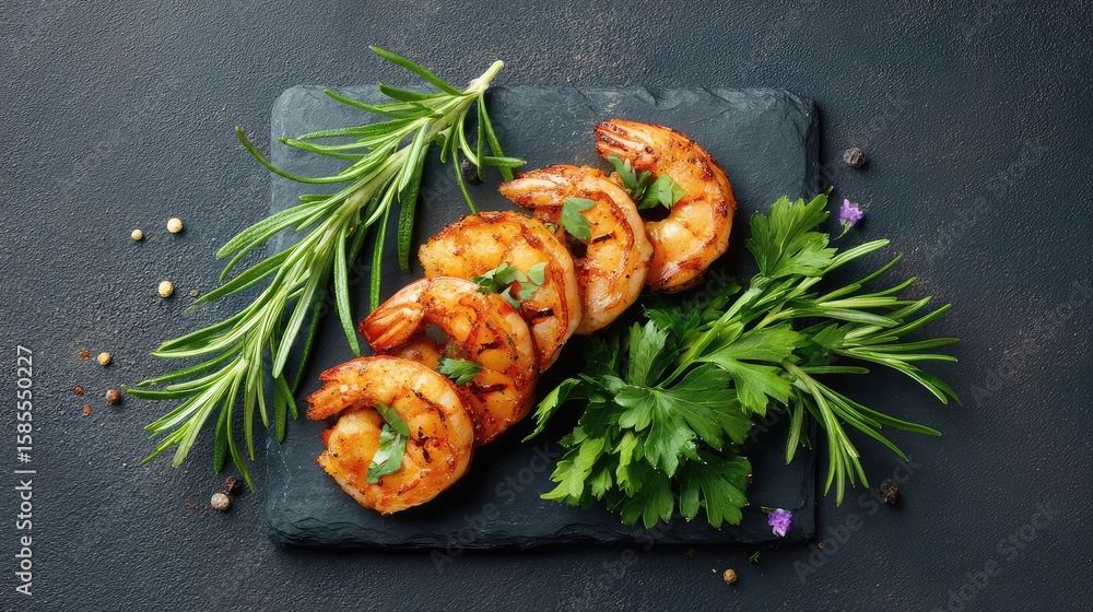 Poster flat lay of grilled shrimp with char marks placed beside herbs and minimal props with space