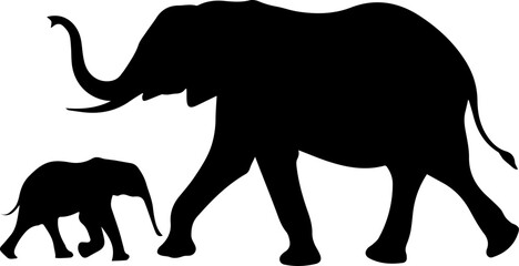 Elephant Family Silhouettes: Mother and Calf Walking Together