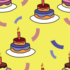 Birthday cake seamless pattern in yellow background. Colorful illustration for sticker, postcard, wallpaper, mural, fabric, prints, etc