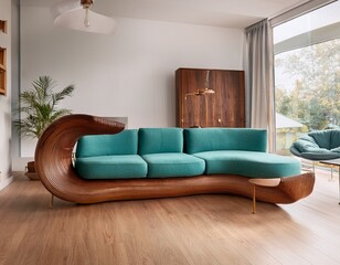 mid century modern living room with a serpentine sofa in muted teal teak wood furniture