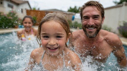 Joyful splashes in the summer pool with family on a sunny afternoon