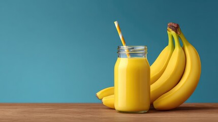 Fresh banana smoothie in clear jar with whole bananas on wooden table and clean background