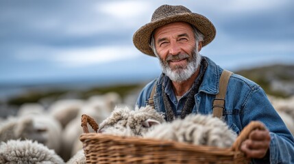 Fototapeta premium Smiling shepherd carries basket of newborn lambs in pastoral landscape