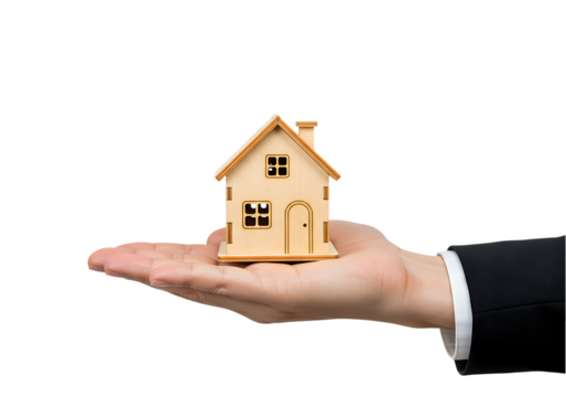 Wooden Miniature House Model in Hand isolated on a transparent background