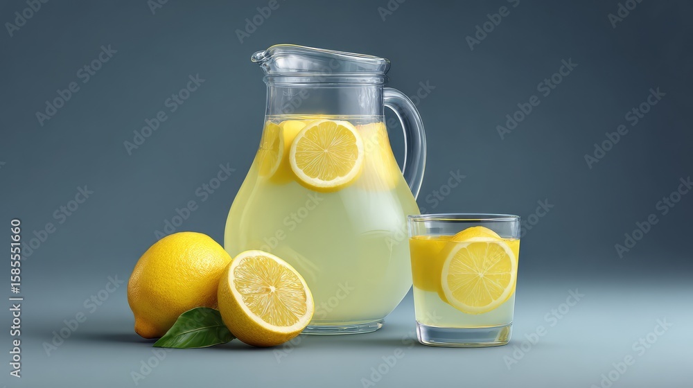 Aufkleber fresh lemonade in a transparent pitcher and glass with sliced lemons and empty area for design