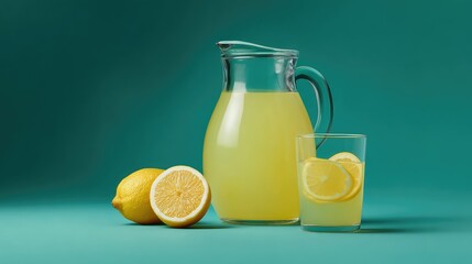 Fresh lemonade in a transparent pitcher and glass with sliced lemons and empty area for design