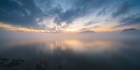 Tranquil Lake at Dawn, Hazy Atmosphere, Water Reflection