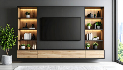 Modern Media Console With Built In Shelving And Tv