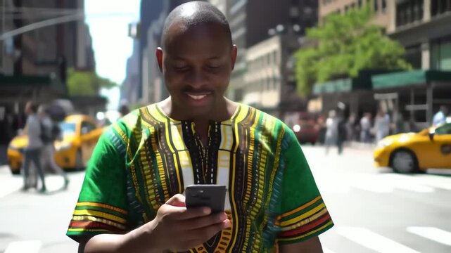 A smiling African man in a traditional dashiki shirt uses his smartphone on a bustling New York City street