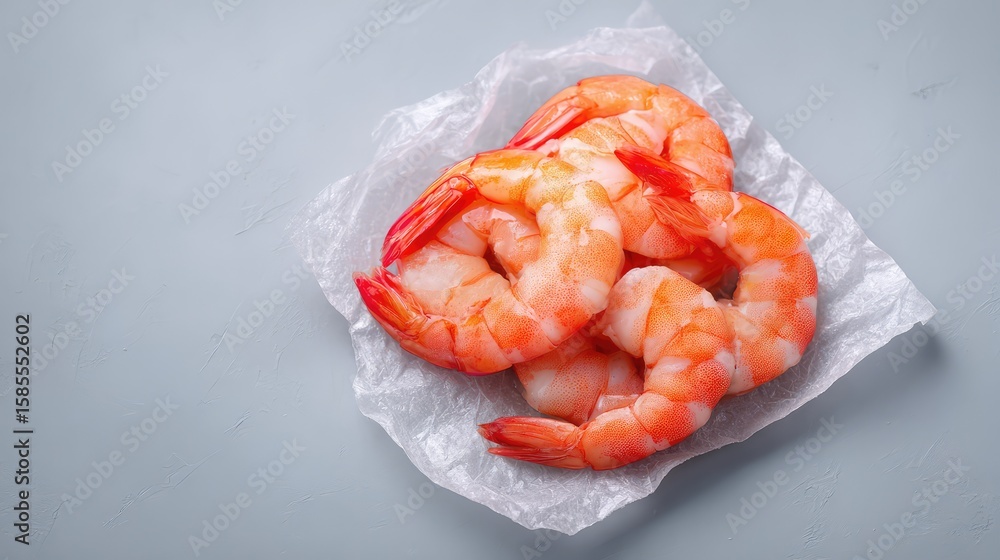 Poster frozen shrimp blocks unwrapped and placed on a neutral surface with clean space