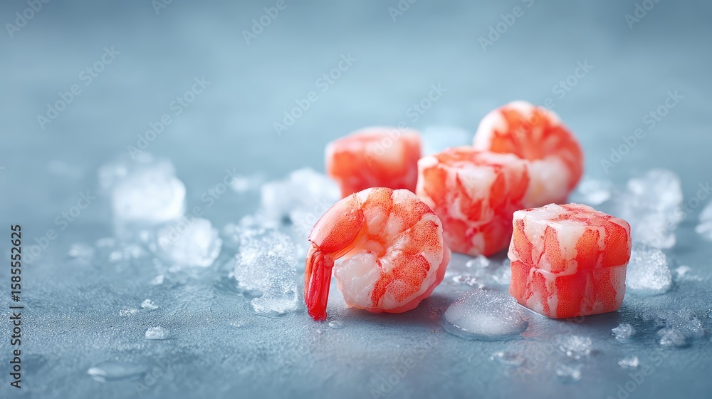 Poster frozen shrimp blocks unwrapped and placed on a neutral surface with clean space