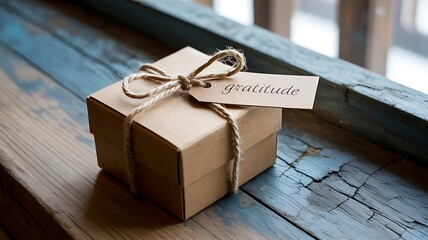 Brown gift box tied with twine and gratitude tag image