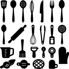 Fototapeta premium Collection of black silhouette kitchen utensils and cooking tools arranged in rows on a white background for culinary use