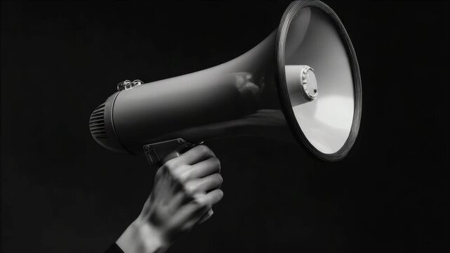 Hand holding megaphone for amplifying voice, often used in protests and public speaking events.