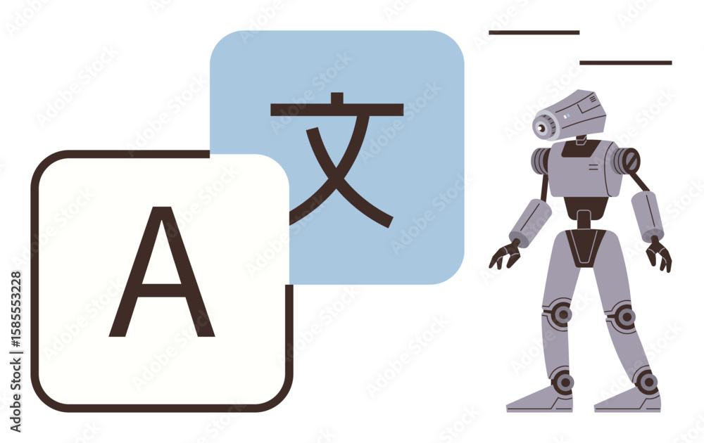 Poster robot standing beside multilingual text blocks, symbolizing ai-driven language translation, communic