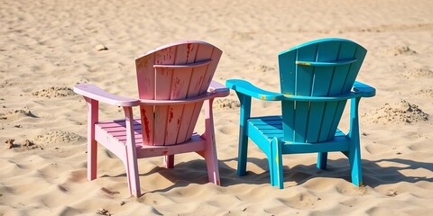 Two weathered plastic beach chairs sit side-by-side on sandy shore, outdoor, hot