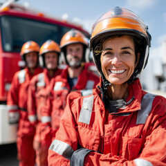 A team of rescue workers, including a smiling female firefighter in the center, standing in front of a rescue truck, wearing bright uniforms and helmets, sunny day, teamwork concep