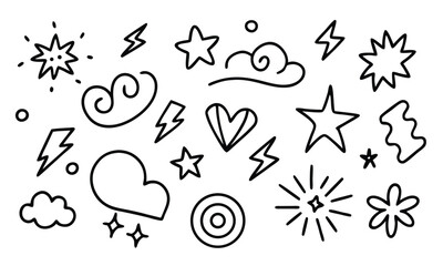 A Line marker hand drawn brush arrow element set. Sketch pencil stroke vector graphic pen underline scribble icon. Hand drawn line heart, crown, star symbol highlight marker shape, Vector illustration