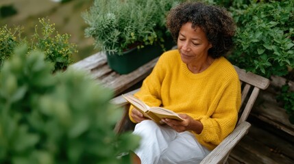 Cozy afternoon reading in a lush garden surrounded by herbs and plants