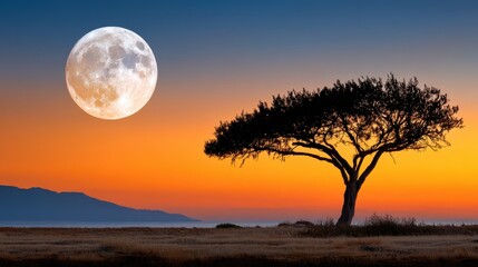Majestic full moon rising over a serene landscape at twilight