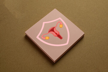 Women's health and gynecology concept. Uterus and ovaries of the female reproductive system protected by a shield.Symbol for a Female fertility,reproductive health,prenatal and gynecological wellness.