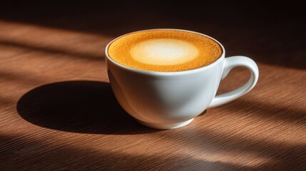 Fototapeta premium Latte coffee cup on wooden table with natural light casting shadows and room for text or design