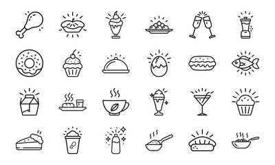 Collection of Hand-Drawn Food and Drink Line Icons with Light Effects Featuring Fast Food, Desserts, Beverages, and Hot Meals on White Background