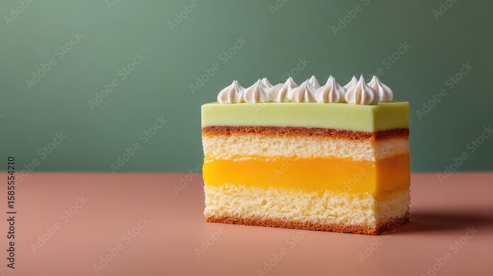 Poster layered sponge cake with cream frosting on a pastel background with soft shadows and copy space