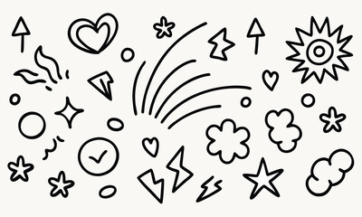 A Line marker hand drawn brush arrow element set. Sketch pencil stroke vector graphic pen underline scribble icon. Hand drawn line heart, crown, star symbol highlight marker shape, Vector illustration