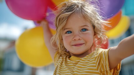 Joyful child celebrating with colorful balloons under a sunny sky