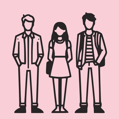 Obraz premium Group of three people standing, black outline, solid pink fill, white background