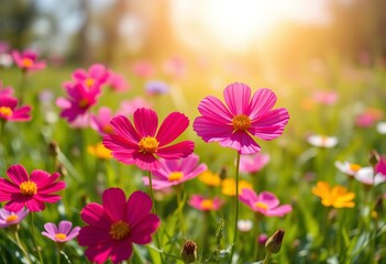 Fototapeta premium Vibrant cosmos flowers bloom in a sunlit meadow, showcasing spring's bright colors, colorful, nature