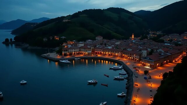 Aerial view of lake iseo town at night with boats docked in the harbor and mountain landscape italy