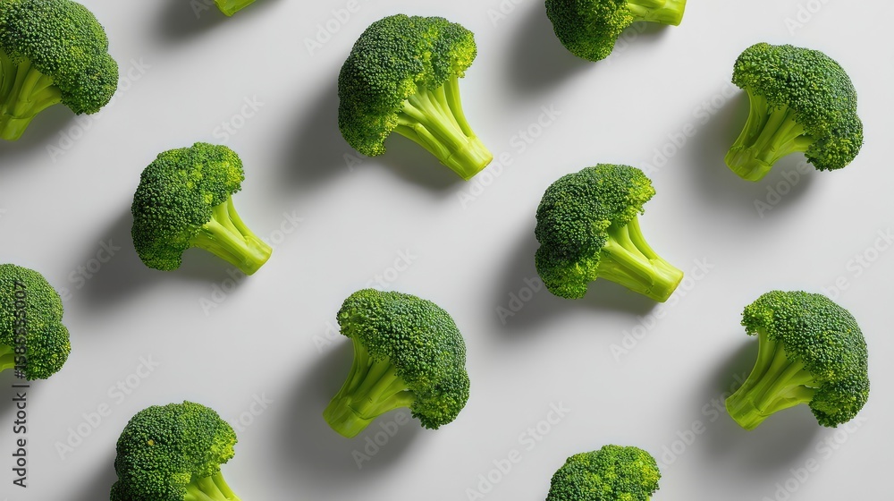 Poster minimalist flat lay of broccoli florets with shadows on white background and negative space