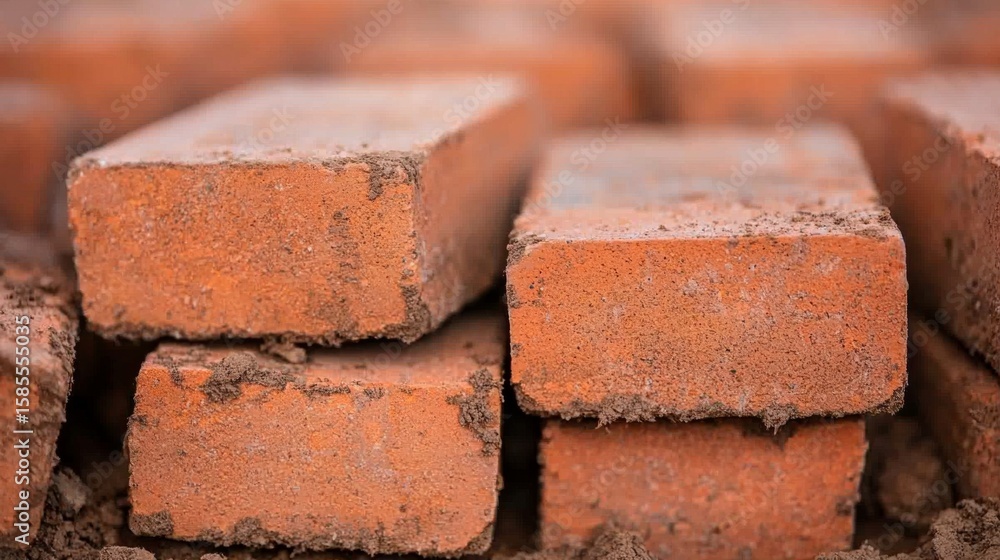 Poster close-up view of industrial bricklayer installing bricks with precision in a construction environmen