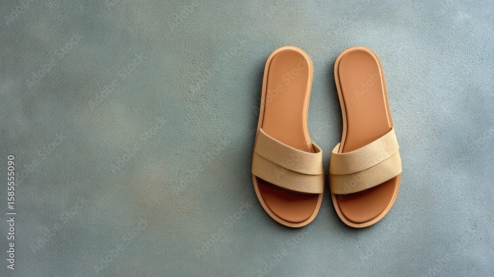 Poster minimalist flat lay of slide sandals arranged neatly on concrete background with negative space