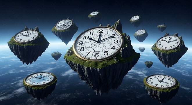 Surreal Scene of Clock-Shaped Islands in Space – Different Time Zones Concept
