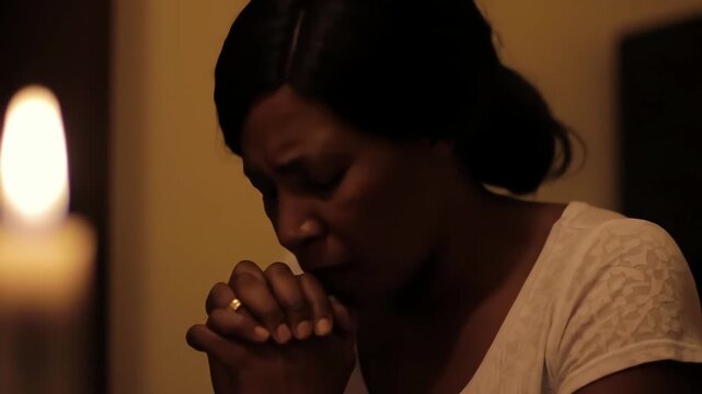 Faithful African woman praying emotionally with clasped hands in a dark room with candlelight